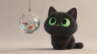 可爱好奇黑猫和金鱼