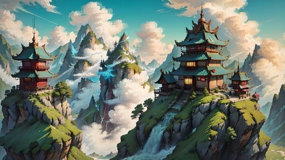 云雾缭绕的仙山古建筑