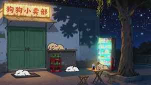 线条小狗夜晚小卖部