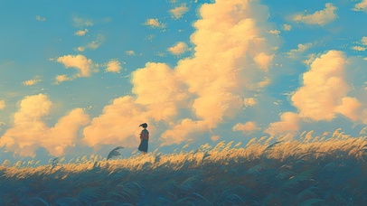 站在稻田仰望天空的少女