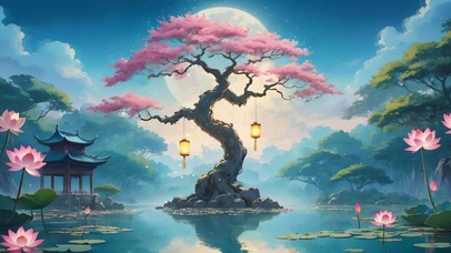 月下湖心樱花树