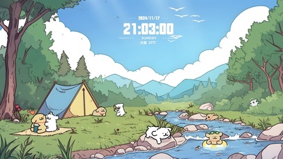 线条小狗溪畔露营