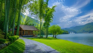 湖边绿色竹林