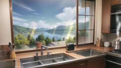 温馨厨房窗外的湖与远山