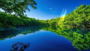 静怡护眼绿树湖景鸟鸣