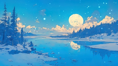 静谧雪原河流圆月