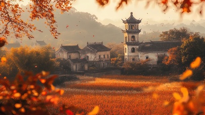 秋日古镇唯美落叶