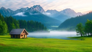 清晨湖景木屋