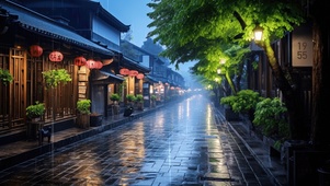 4K唯美治愈古风雨天街道