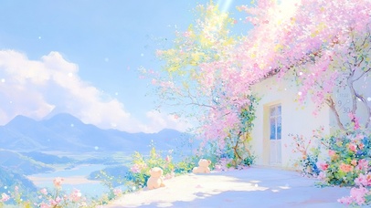 清新水彩小屋樱花