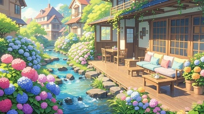 溪边绣球花小屋