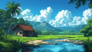 蓝天白云河流小屋