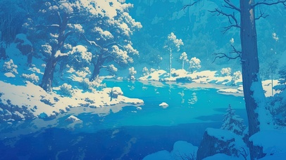 唯美静谧雪原森林溪流