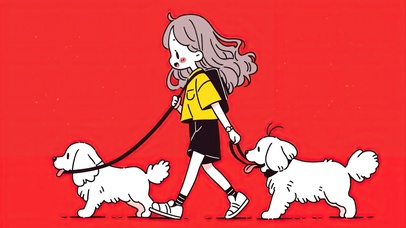 插画遛狗的小女孩