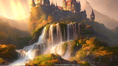 傍晚瀑布上的城堡