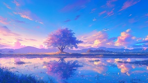 静谧蓝色调插画路边的水塘