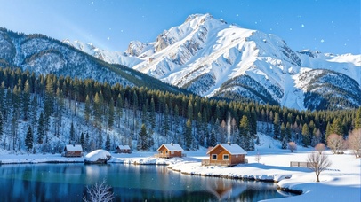 自然之美~雪山下的小木屋