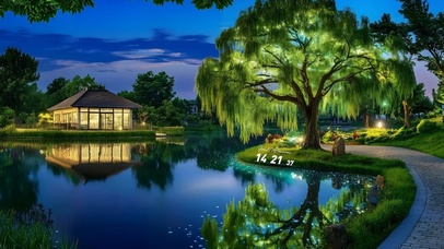 治愈夜晚庭院湖畔