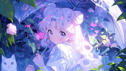 雨天治愈紫色小女孩