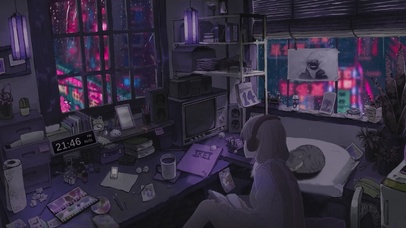 城市夜雨房间女孩