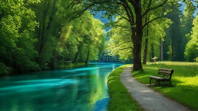 绿荫河流边小路