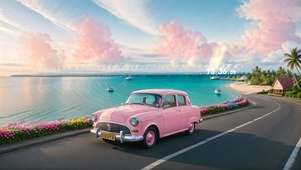 4k海边粉色汽车