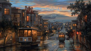 雨后夜旧金山的有轨电车