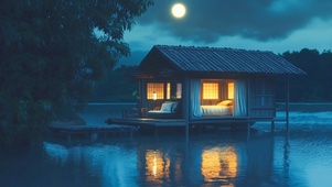 夜晚湖上小屋