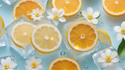 冰块橙子与花