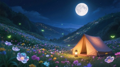 夜晚梦幻花田露营