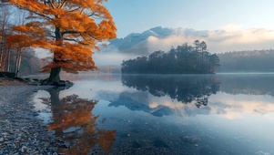 薄雾远山湖泊
