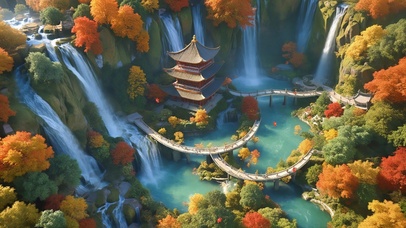 秋日山间瀑布古建筑