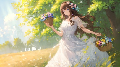 夏日白裙采花少女