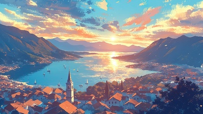 俯瞰落日海湾小镇