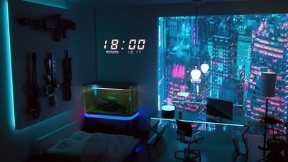 窗外雨夜科幻房间