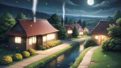 夜晚河边温暖的家