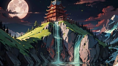 月下中式古风高楼瀑布