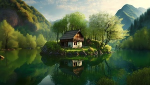 古风绿色山水小屋
