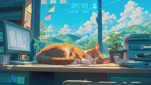 办公桌上睡觉的橘猫
