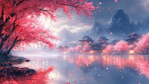 唯美樱花阁楼湖畔