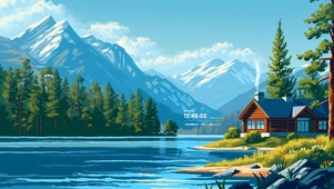 唯美雪山河流小屋