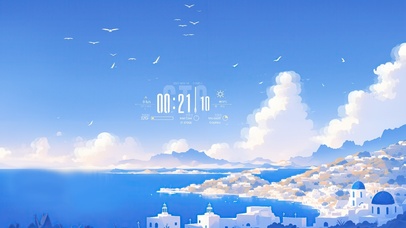 蓝色系海滨小镇插画