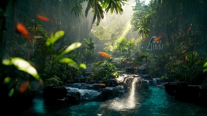 4K护眼绿色丛林瀑布水潭