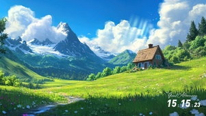 护眼绿色草地木屋