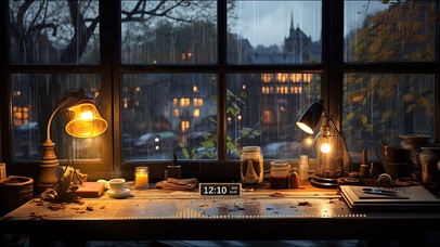 雨夜工作台窗前