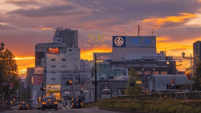 唯美治愈晚霞日系城市小镇