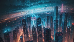 4K赛博朋克城市夜景雨滴屏
