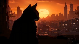 夕阳下望着城市的小黑猫剪影