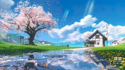 雨后樱花小路蓝天