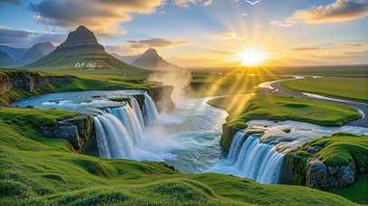 护眼落日远山瀑布